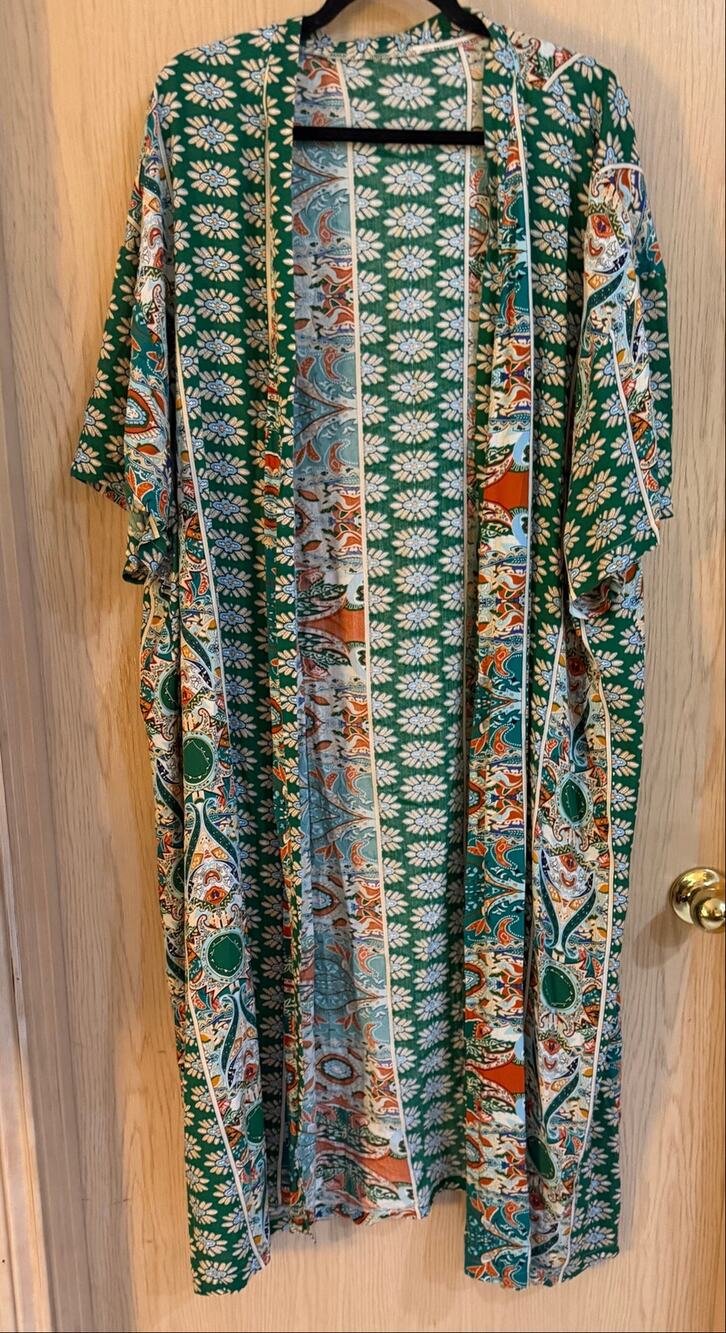 Plus Size 4XL Green Paisley Floral Maxi Kimono Duster Boho